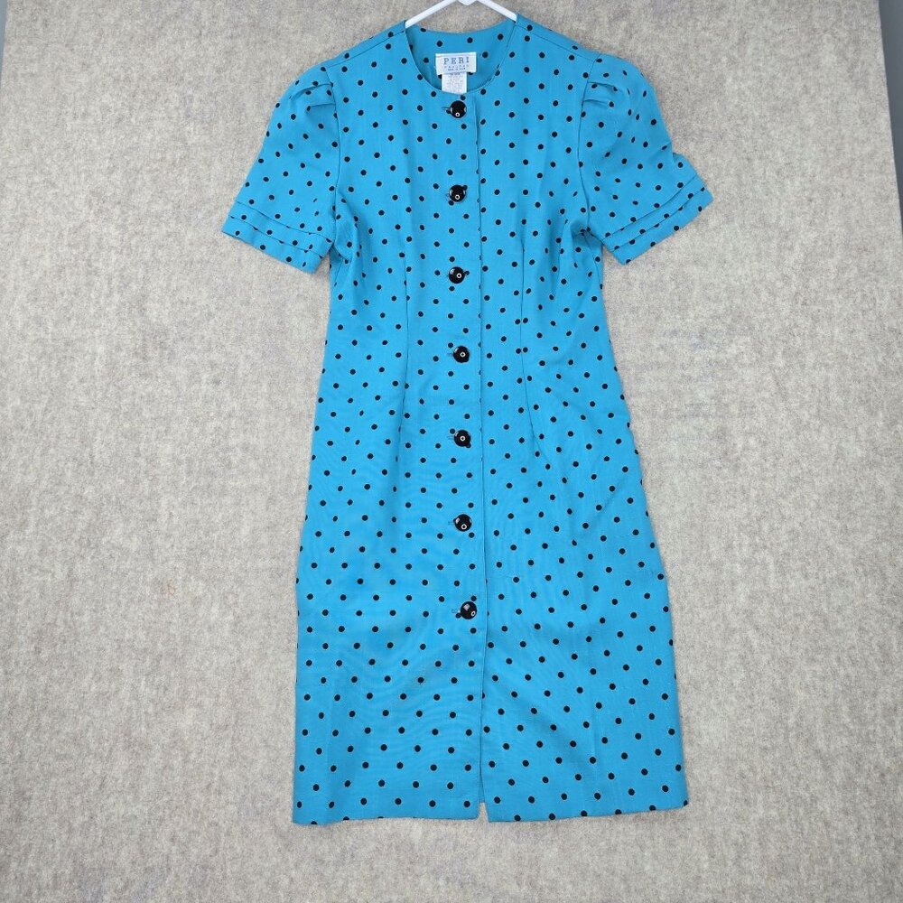 Vintage Blue Polka Dot Button-Front Midi Dress
